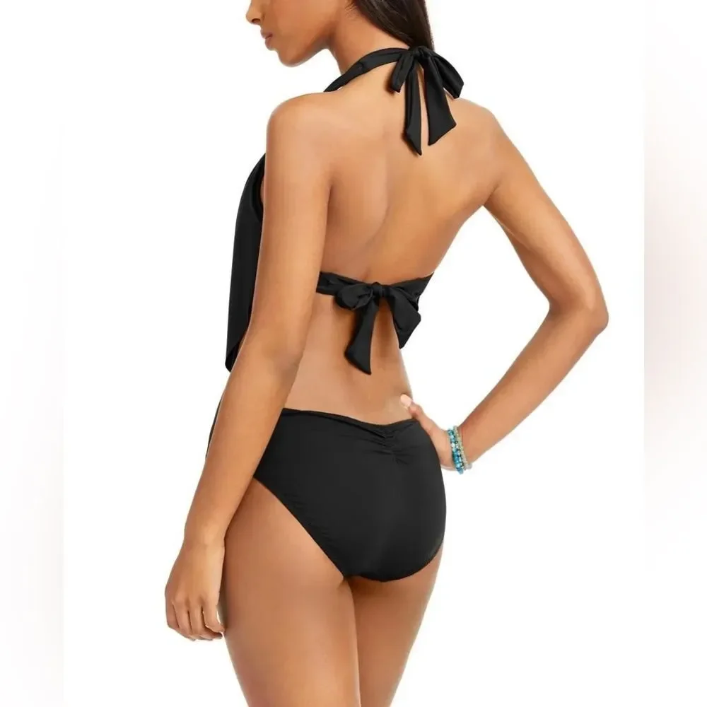 Bar III Solid Black Cowl Neck One Piece Swimsuit Bathing Suit Size Large NEW